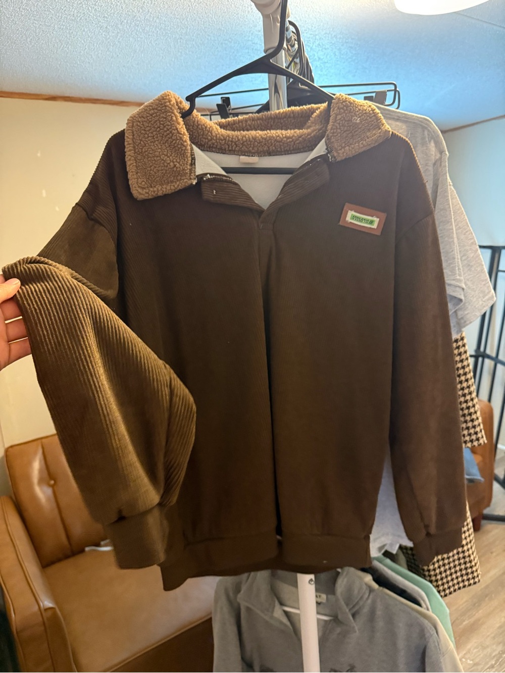 Brown Corduroy Sherpa-Lined Pullover Jacket